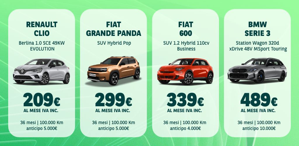 Renault clio 199€ al mese, renalult 5 269 euro al mese, alfa romeo junior 349€ al mese, bmw serie 3 399 euro al mese